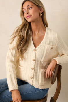 Stay ahead of the fashion game with our Quiet Days Ivory Cable Knit Cardigan. This stylish and versatile sweater is the perfect addition to your wardrobe, allowing you to effortlessly elevate any outfit. With its soft and cozy fabric, you'll feel confident and comfortable all day long. Don't miss out on this must-have piece! This ivory cardigan features a v-neckline, a functional button front with gold buttons, a cable knit grid design, functional pockets, braided knit hems, and long sleeves. Versatile Sweater, Ivory Cardigan, Preppy Girls, Going Out Looks, Rush Dresses, Cozy Fabric, Cardigan Crop, Concert Looks, Cozy Cardigan