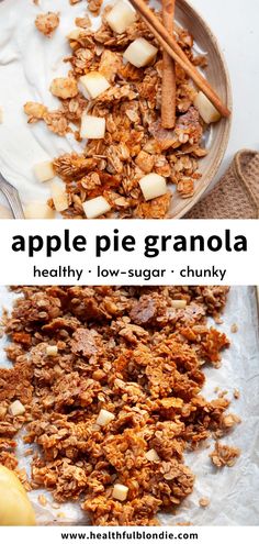 an apple pie granola is shown in two different pictures