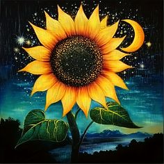 a painting of a sunflower with the moon in the background