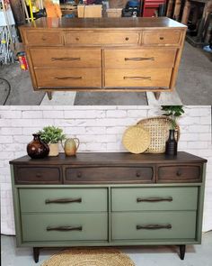 two different dressers side by side, one green and the other brown