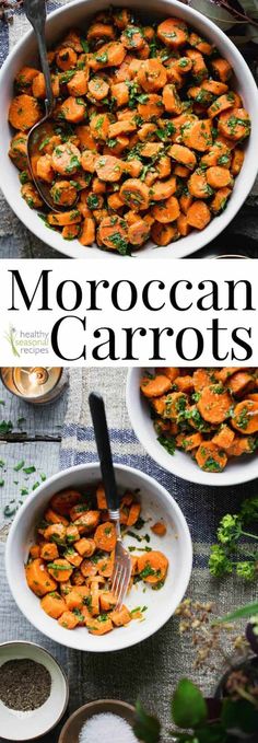 this is an image of moroccan carrots in a white bowl with a serving spoon