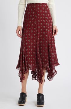 Prairie breezes gentle the style of an airy silk chiffon skirt sprigged with lively blooms. Lined 100% silk Dry clean Imported Aline Midi Skirt, Godet Skirt, Ruffle Maxi Skirt, Silk Midi Skirt, Midi Wrap Skirt, Ralph Lauren Skirts, Oxblood Red, High Rise Skirt, Handkerchief Hem