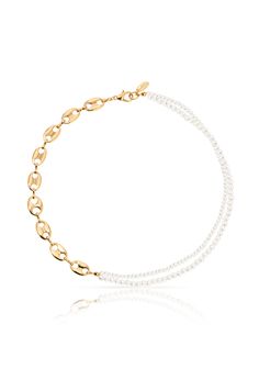 Meet Me Halfway Pearl and Chain Link Necklace White Necklaces With Gold Chain For Formal Occasions, Formal White Necklaces With Gold Chain, White Gold Chain Necklace For Formal Occasions, Double Strand Yellow Gold Pearl Chain Necklace, Yellow Gold Double Strand Pearl Chain Necklace, Gold Pearl Chain Link Necklace, Yellow Gold Double Strand Pearl Necklace, White Double Strand Jewelry With Double Chain, White Double Strand Chain Jewelry