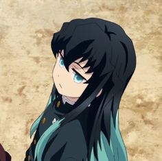 an anime character with long black hair and blue eyes