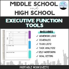 the middle school and high school executive function tools workbook is shown in this image