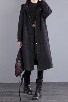 Casual Hooded Cotton Coat Stitching Loose Cotton Coat Material: Cotton Collar: Hooded Highlight: Single Breasted. Pocket Season: Winter Cotton Coat, Season Winter, Black Coat, Single Breasted, Stitching, Collar, Black, Cross Stitching