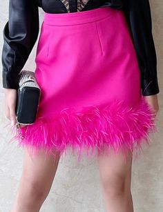 Feather Pink Skirt Feather Skirt, Solid Skirt, Feather Trim, Black Hot Pink, Early Spring Outfits, Style Skirt, Pink Skirt, Petite Outfits, Spring Outfits Casual