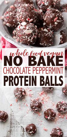 no bake chocolate peppermint protein balls in a bowl with the title above it