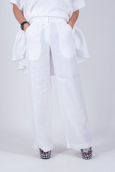 Formal Linen Pants for Women with button and zipper front waist. The Straight Linen Trousers are with back parts of waist elastic.. Wide Legs Plus Size Linen Pants for summer are with  and 2 front and 2 back pockets. Handmade with care in a Pet-free and Smoke-free environment. Available Size: XS, S, M, L, XL, 2XL,3XL, and custom order. Made of : Linen / Flax  The model wears size M - 5,6' / 170 cm CARE Dry Cleaning  Machine Wash 30oC Hand Wash with warm water Medium hot iron White Trousers With Side Pockets, Fitted White Harem Pants With Pockets, White Wide Leg Bottoms With Side Pockets, Fitted White Pants With Side Pockets, White Full-length Pants With Side Pockets, White Full Length Harem Pants With Pockets, White Linen Full-length Bottoms, White Straight Pants With Side Pockets, White Straight Leg Harem Pants With Pockets