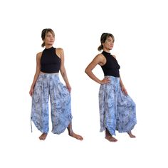 These tropical print pants with pockets are perfect for any occasion. Whether you're at the beach, festival or just lounging around, these pants will give you that cool funky super relaxed feeling. Made from 100 percent super soft rayon fabric, the pants are one size with a stretchy elastic waistband and ruffle bottom with tie string that can be cinched up. These pants will fit sizes small up to 2XL comfortably. For reference the model in the photo is 5 feet 2 inches. Please contact us if you have any questions. Pants length- 35 inches and will fit size small waist up to 2X. Material- 100% rayon. Hand wash in cold water separately and line dry. Hand made in Bali, Indonesia. Please note these are stock photos so there may be subtle differences in the item you receive. Please contact us if y Summer Harem Pants With Pockets, Summer Beach Harem Pants With Pockets, Wide Leg Harem Pants With Pockets For Beach, Wide-leg Harem Pants For Beach Season With Pockets, Wide Leg Harem Pants With Pockets For Beach Season, Casual Harem Bottoms For Beach, Casual Printed Harem Pants For Summer, Summer Harem Pants With Pockets For Vacation, Summer Vacation Harem Pants With Pockets