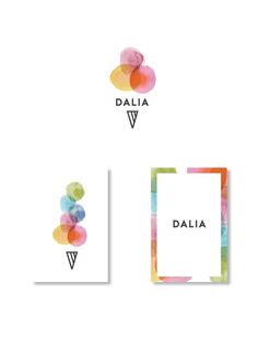 the logo for dalia is shown in three different colors and font, including watercolors