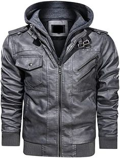 Product Specifications: Outer Material: Faux Leather Inner Material: Viscose Lining Closure: Zipper Hood: Removable Hood Style: Cafe RacerColor: Khaki, Navy Blue, Red, Tan, White, Black, Blue Brown, Green & Grey Men's Faux Leather Removable Hooded Motorcycle Jacket Elevate your style with this versatile and rugged men's motorcycle jacket. Crafted from premium faux leather, it offers a timeless biker look without compromising on comfort. The removable hood ensures you're prepared for any weather, Winter Zip Fly Hooded Jacket, Winter Hooded Jacket With Zip Fly, Winter Hooded Jacket With Zip Closure, Winter Fitted Biker Jacket With Double-lined Hood, Solid Leather Jacket With Zipper Closure For Winter, Fitted Hooded Leather Jacket For Cold Weather, Fitted Biker Jacket With Detachable Hood For Winter, Fitted Hooded Biker Jacket With Pockets, Hooded Leather Jacket For Outdoor Fall