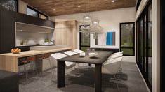 a modern kitchen and dining room are shown in this artist's rendering, with wood paneling on the ceiling