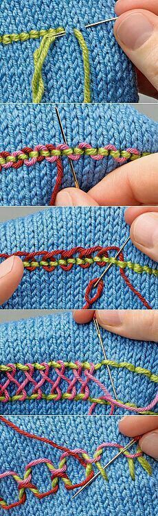 two hands are holding yarn and needles in front of the knitting machine's fingers