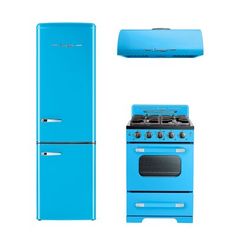 a blue refrigerator, stove and sink are shown