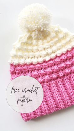 free crochet pattern, pink ombre beanie Free Beanie Pattern, Cute Crochet Beanie, Cream Beanie, Crochet Baby Hat Patterns, Crochet Toddler