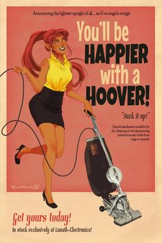 an advertisement for hoover's vacuum cleaner with a woman in yellow shirt and black skirt