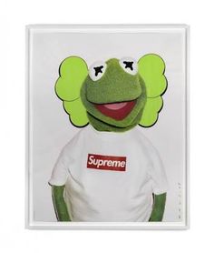 the supreme t - shirt is being displayed in front of a white background with an image of kermie the frog