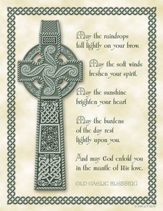 a celtic cross with an irish blessing written in the center and on it's side