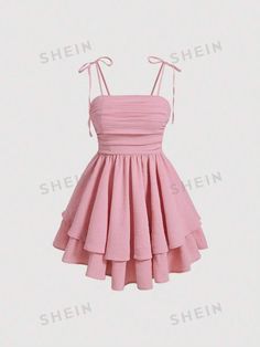 SHEIN MOD Tie Shoulder Two Layer Hem Summer Pink Cami Dress | SHEIN USA Dresses 11-12, Dama Dresses For Quince Pink, Shein Pink Outfits, Short Pink Dress Outfit, Girly Dresses Cute, Frosh Dresses, Cute Bday Outfits, Bday Dresses For Women, Cute Dresses Pink