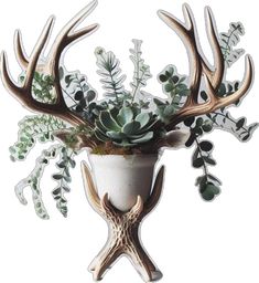 a vase filled with plants and antlers on top of a table