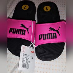 New In Excellent Condition Nice Puma Slides, Puma Shoes, Pumas Shoes, Sandals Flip Flops, Bad Girl, Cool Cats, Flip Flop Sandals, Pink Black, Girls Shoes