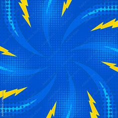 an abstract blue and yellow background with lightning bolt shapes in the center, as well as halftone dots