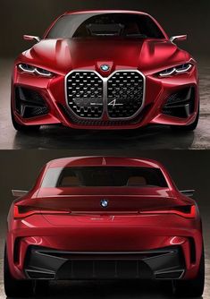 the front and side view of a red sports car in two different views, one is shown