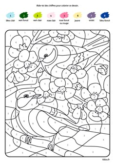 the color by number coloring page for children with birds and flowers on it, which includes numbers