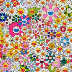 an abstract painting with many different colored flowers and faces in the center, all on one wall