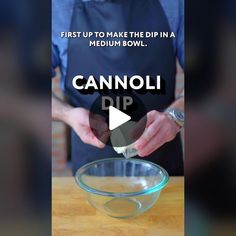 a person mixing food in a bowl with the words cannoli dip on it