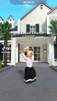 an animated image of a person in front of a large white house with palm trees