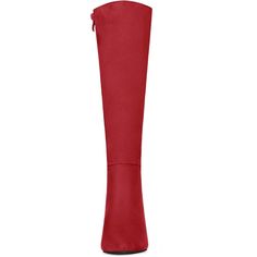 The knee-high silhouette and faux suede material of these boots give them a contemporary appeal. They feature a pointed toe and cylindrical heel, making them suitable for dressing up in both casual and work outfits. These sophisticated chic red knee-high boots have a sleek pointy toe and are made of faux suede. They have a stiletto heel, a side zip, and a rubber outsole. The heel is made of ABS and measures 3 1/3 inches, while the shaft height is 14 3/8 inches. Knee-high Suede Platform Boots For Party, Wide Calf Suede Knee-high Boots For Party, Suede Knee-high Platform Boots For Party, Winter Party Tall Boots, Tall Winter Party Boots, Tall Winter Boots For Parties, Suede Knee-high Boots For Party, Tall Suede Knee-high Boots For Party, Red Fitted Faux Leather Heeled Boots