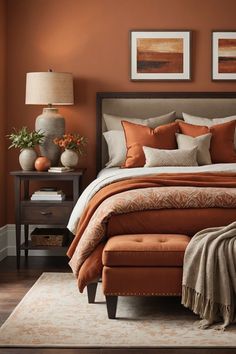 a bedroom with orange walls and an upholstered bed