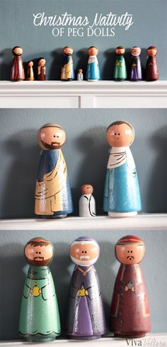 christmas nativity figurines on shelves with text overlay that reads, merry christmas nativity of peg dolls