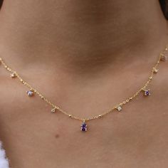 Purple Cubic Zirconia Necklaces For Party, Purple Cubic Zirconia Gemstone Necklace, Purple Gemstone Necklace With Cubic Zirconia, Purple Gemstone Necklace In Cubic Zirconia, Purple Necklaces With Sparkling Stones For Gift, Purple Necklace With Sparkling Stones For Gift, Rhinestone Dangle Necklaces As Gifts, Purple Crystal Necklaces With Jewels, Rhinestone Dangle Necklaces For Gifts