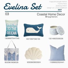 the coastal home decor catalog includes pillows, pillow cases and other decorative items for sale