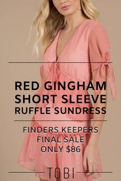 Save money on this red gingham short sleeve ruffle sundress. Get ready for sundress season by exploring the best sundresses for women in all styles and colors. You will find plenty of maxi and off the shoulder sundresses, short and flirty sundresses, or even strapless sundresses that will look great with sandals or heels all summer long. Shop the best selection of cute cheap sundresses and inexpensive sundresses from TOBI. Catch the TOBI dresses online sale happening now! #sundress Women's Wrap Dresses, Wrap Dresses For Women, Ruffle Sundress, Ruffles Bridesmaid Dresses, Ruffle Dresses