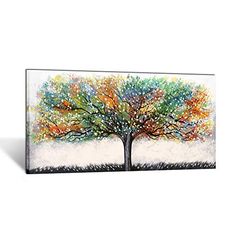 an abstract painting of a tree with multicolored leaves on it's branches