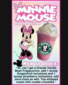 an advertisement for starbucks's minnie mouse frappuccino