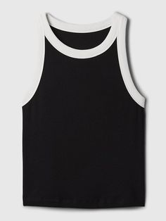 Modern Rib Cropped Halter Top | Gap Black Tank Top With Ribbed Neckline For Summer, Black Ribbed Neckline Tank Top For Summer, Trendy Gap Tank Top For Summer, Trendy Gap Summer Tank Top, Gap Seamless Summer Tops, Trendy Gap Tank Top For Spring, Black Gap Top For Summer, Gap Black Summer Top, Fitted Gap Crop Top For Summer