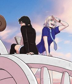 two people sitting on top of a bridge looking at the sky and one person holding a book