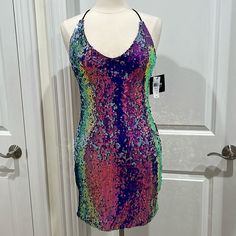 Very Beautiful And Colorful! Back Zipper Lined ***Will Be Packed Carefully With Tissue Paper Between Folds To Protect The Sequins Pit To Pit 15.5" Top Of Shoulder Down 33" Fast Shipping Smoke Free Home Purple Mini Sequin Dress For Party Season, Purple Sequin Dress For Summer Night Out, Summer Purple Sequin Dress For Night Out, Summer Night Out Purple Sequin Dress, Purple Fitted Mini Sequin Dress, Fitted Purple Mini Sequin Dress, Purple Fitted Mini Dress With Sequins, Fitted Purple Mini Dress With Sequins, Fitted Purple Sequin Mini Dress