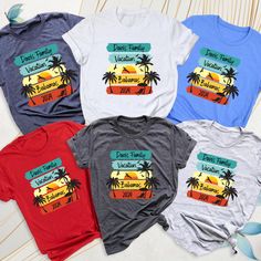 Custom Family Vacation 2024 Matching Shirt, Summer Beach Team Tshirt, Friends Group Vacation Tee, Personalized Your Location Vacation Shirts. It is designed to make holiday memories special and celebrate togetherness. These t-shirts often include the family's name, vacation destination, and vacation date. Designs often use summer-themed graphics, such as beach motifs, palm trees, sun or city symbols. Colors are generally vibrant and energetic and reflect the spirit of summer. T-shirts can be use Cheap Beach Camp Shirt With Letter Print, Graphic Tee T-shirt For Family Vacation, Family Vacation T-shirt With Custom Print, Family Matching Vacation T-shirt, Family Matching Graphic T-shirt For Vacation, Family Matching Graphic Print Tops For Vacation, Graphic Print T-shirt For Family Vacation, Relaxed Fit, Graphic Tee With Crew Neck For Family Vacation, Graphic Tee Crew Neck Top For Family Vacation