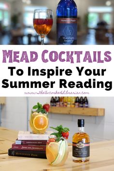 mead cocktails to inspire your summer reading with bottles of mead, tropical cocktails, and stack of books Mead Drink Recipes, Mead Cocktail Recipes, Mead Drinks, Homemade Mead, How To Make Mead, Batch Cocktails