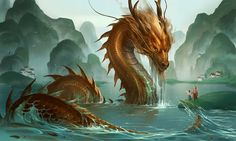 a dragon is standing in the water next to a man on a boat with another dragon