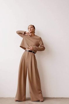 Two-piece leisure suit with round neck and wide legs Peru / S | IFAUN Chic Wide-leg Pants Two-piece Set, Wide Leg Two-piece Pants For Loungewear, Wide Leg Two-piece Lounge Set, Luxury Women's Wide-leg Pants Set, Chic Solid Color Wide-leg Pants Sets, Leisure Suit, Khaki Color, Cardigan Vest, Wide Pants