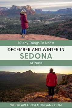 two women standing on top of a mountain looking out at the valley below and text overlay reads 10 key things to know about december and winter in sedona