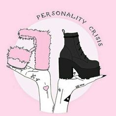 a pair of black boots sitting on top of a pink and white background with the words personality crisis