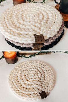 two pictures of a white knitted dish cover on a table with candles and teapots in the background